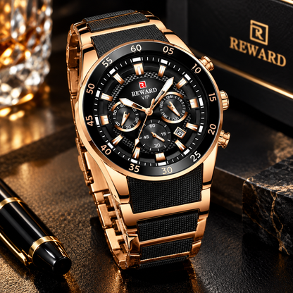"REWARD VIP Luxury Chronograph Watch for Men – Rose Gold & Black Stainless Steel Waterproof Wrist Watch"