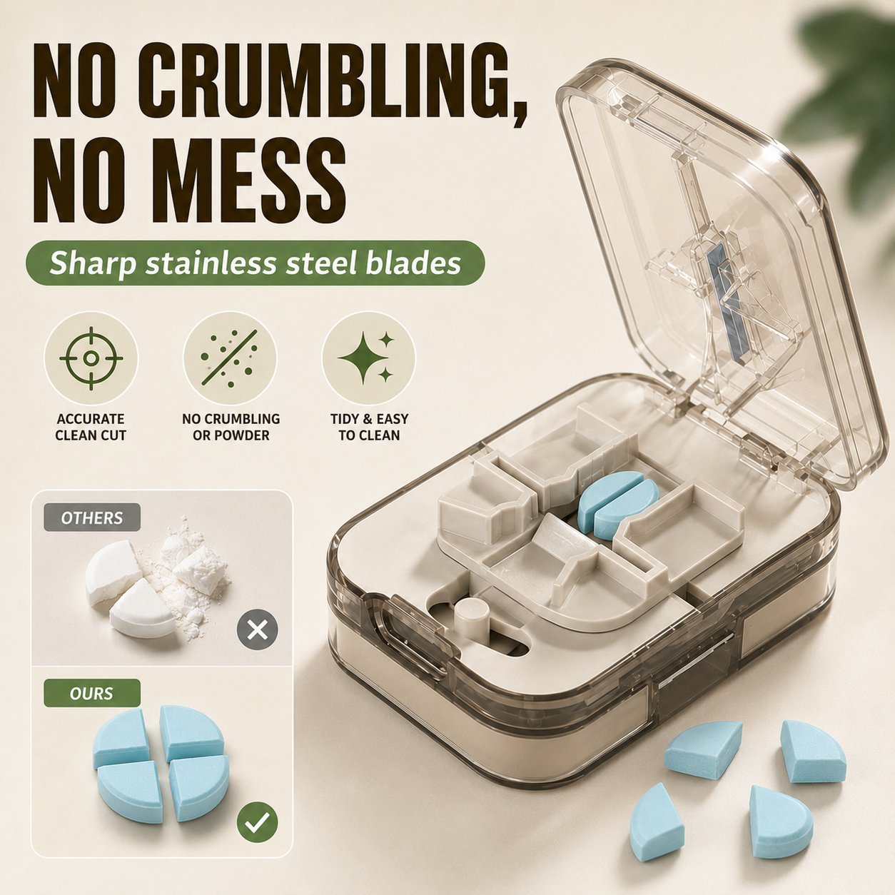 Pill Splitter Box-3-in-1 Medicine Cutter for 1/4 1/2 & 1/3 Doses