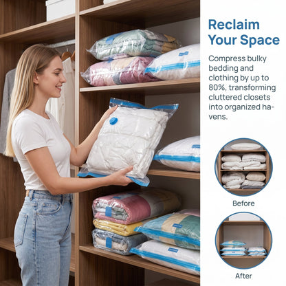 Travel Vacuum Storage Compression Bag Set – 8-Pack in 4 Sizes with Pump