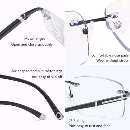 Diamond Edge Frameless Glasses – Blue Light Blocking Clear Readers for Men & Women. Lightweight Metal Temple Decor, Ideal for Gaming, Office, or Street Style.