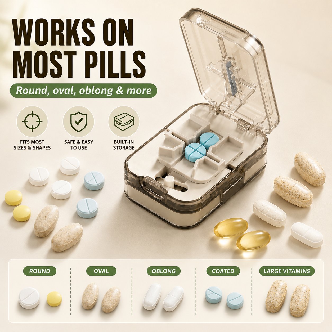 Pill Splitter Box-3-in-1 Medicine Cutter for 1/4 1/2 & 1/3 Doses