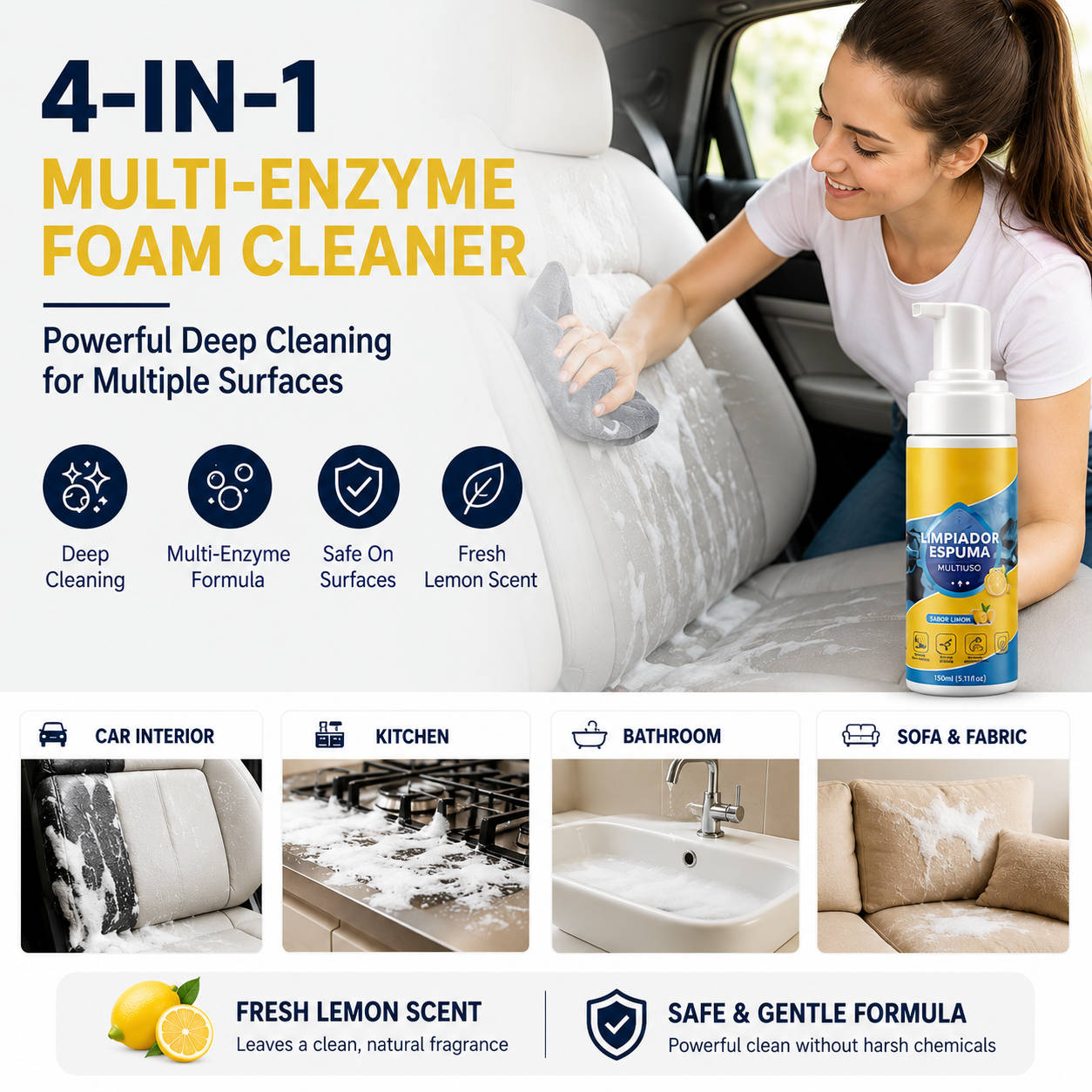 🧼🫧 4-in-1 Multi-Enzyme Foam Cleaner – Powerful Deep Cleaning for Cars, Kitchens, Bathrooms & Sofas