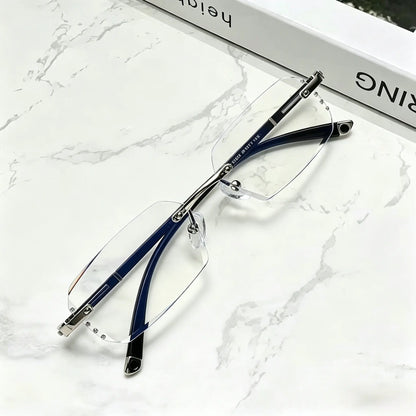 Diamond Edge Frameless Glasses – Blue Light Blocking Clear Readers for Men & Women. Lightweight Metal Temple Decor, Ideal for Gaming, Office, or Street Style.