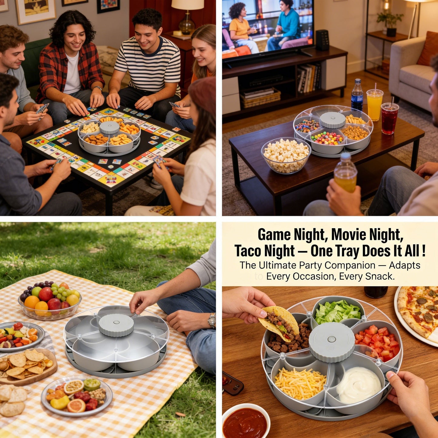 🎁🍽️ Rotating 5-Compartment Snack Tray