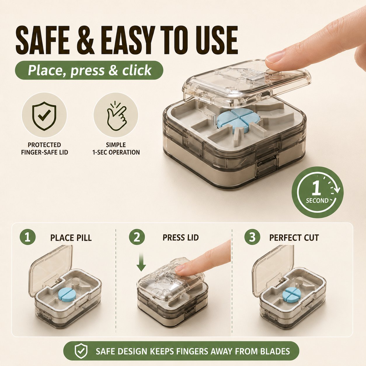 Pill Splitter Box-3-in-1 Medicine Cutter for 1/4 1/2 & 1/3 Doses