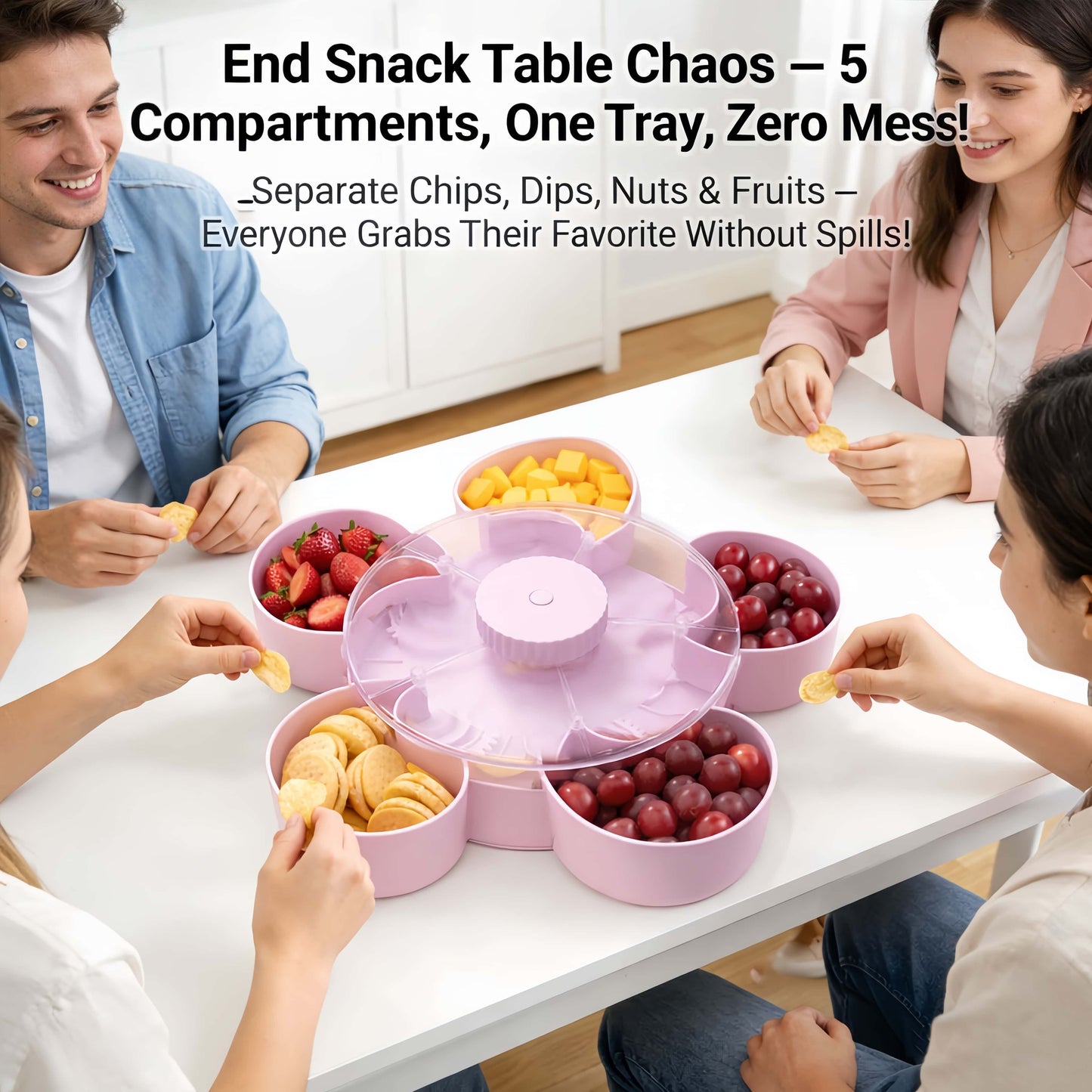 🎁Free Shipping！🍽️ Rotating 5-Compartment Snack Tray