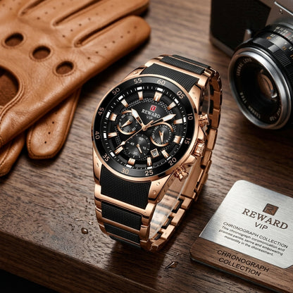 "REWARD VIP Luxury Chronograph Watch for Men – Rose Gold & Black Stainless Steel Waterproof Wrist Watch"