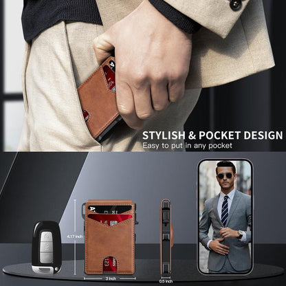 ✨Wallet for Men - with Pop Up Aluminum Case Money Clip Slim Leather Slots Credit Card Holder RFID Blocking Bifold Minimalist Wallet