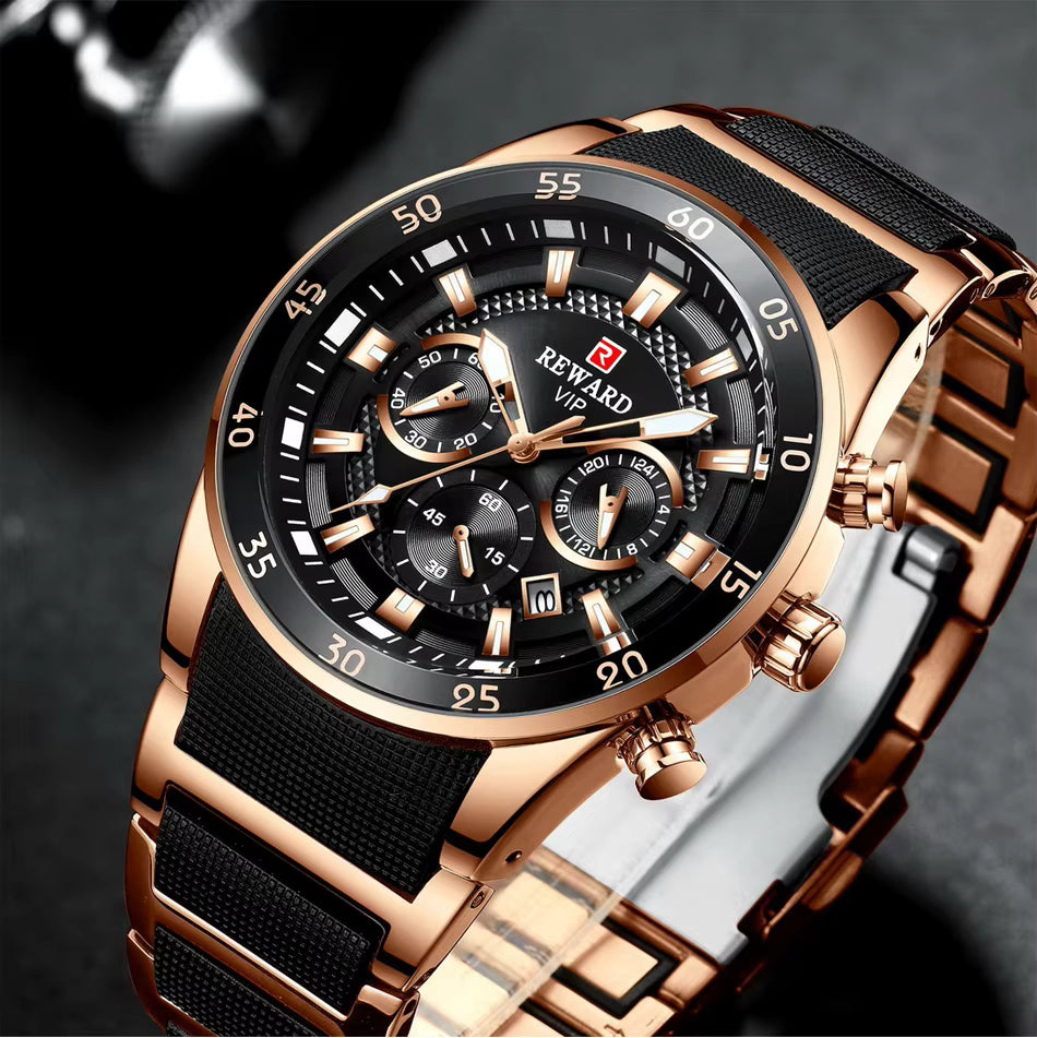 "REWARD VIP Luxury Chronograph Watch for Men – Rose Gold & Black Stainless Steel Waterproof Wrist Watch"