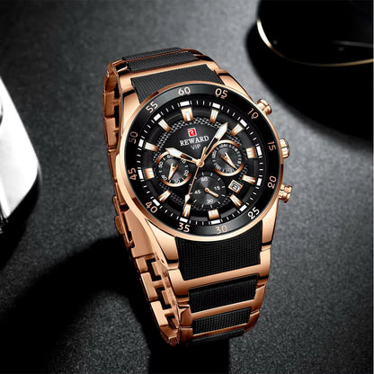 "REWARD VIP Luxury Chronograph Watch for Men – Rose Gold & Black Stainless Steel Waterproof Wrist Watch"