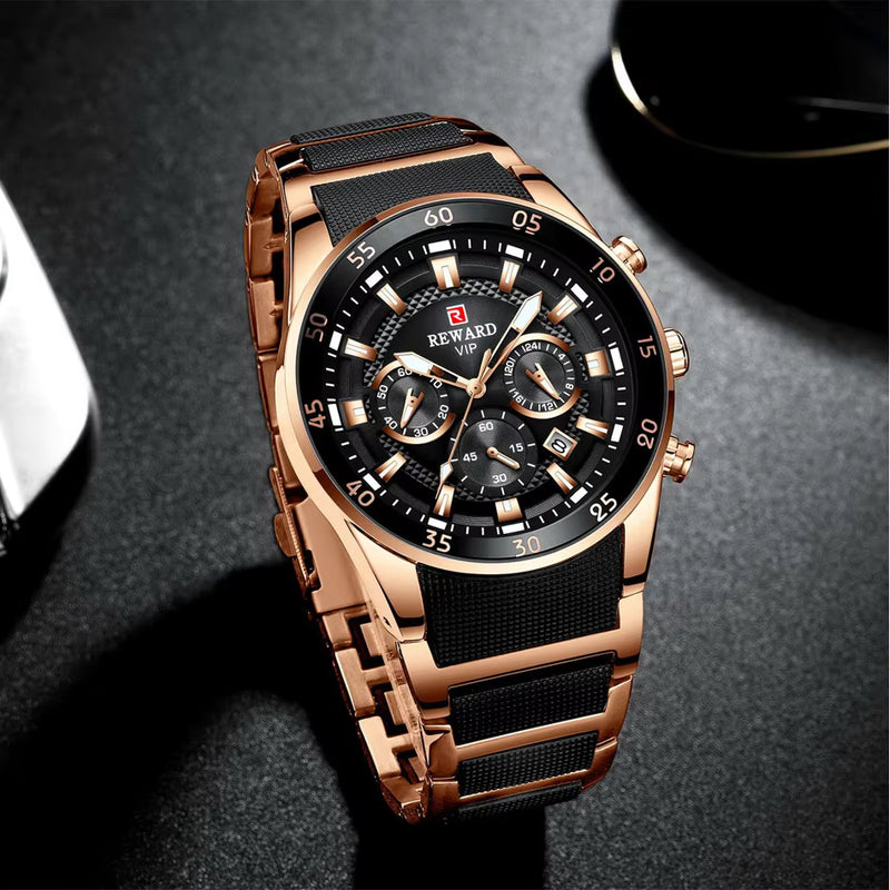 "REWARD VIP Luxury Chronograph Watch for Men – Rose Gold & Black Stainless Steel Waterproof Wrist Watch" detail view