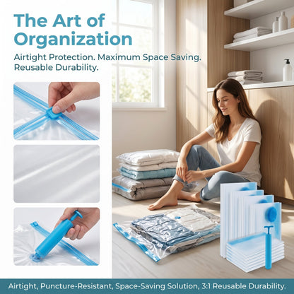 Travel Vacuum Storage Compression Bag Set – 8-Pack in 4 Sizes with Pump