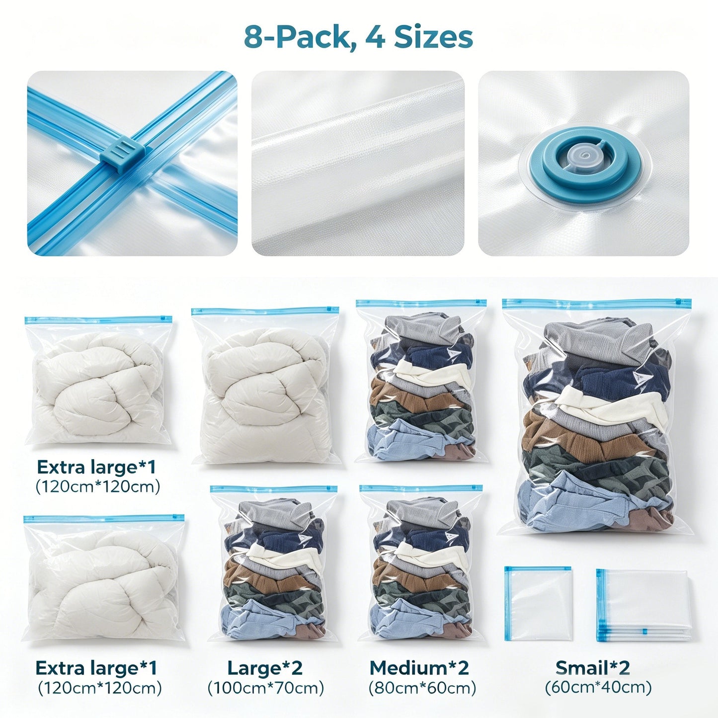 Travel Vacuum Storage Compression Bag Set – 8-Pack in 4 Sizes with Pump