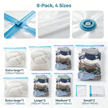 Travel Vacuum Storage Compression Bag Set – 8-Pack in 4 Sizes with Pump