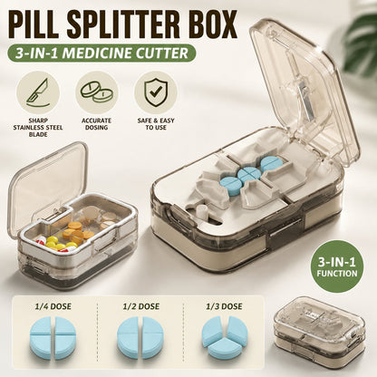 Pill Splitter Box-3-in-1 Medicine Cutter for 1/4 1/2 & 1/3 Doses