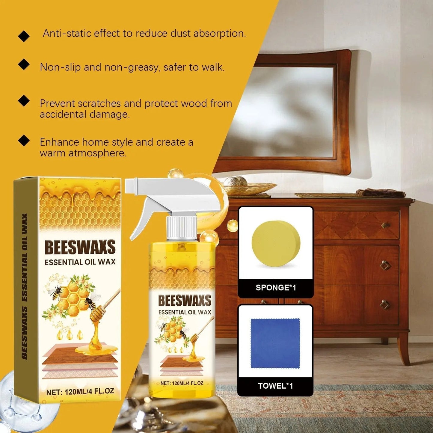 Beeswax Wood Polish Spray – Natural Shine, Anti-Dust, Non-Greasy for Furniture & Floors